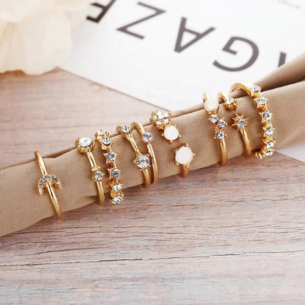 Gold Plated Moon & Star Ring Set of 9 for Women
