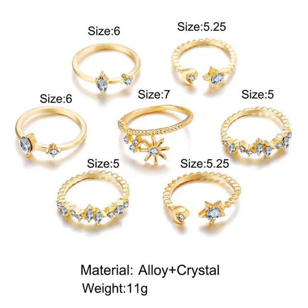 Gold Plated Moon & Star Ring Set of 7 for Women