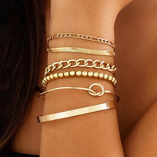 Gold Plated Set of 6 Charm Bracelets for Women & Girls