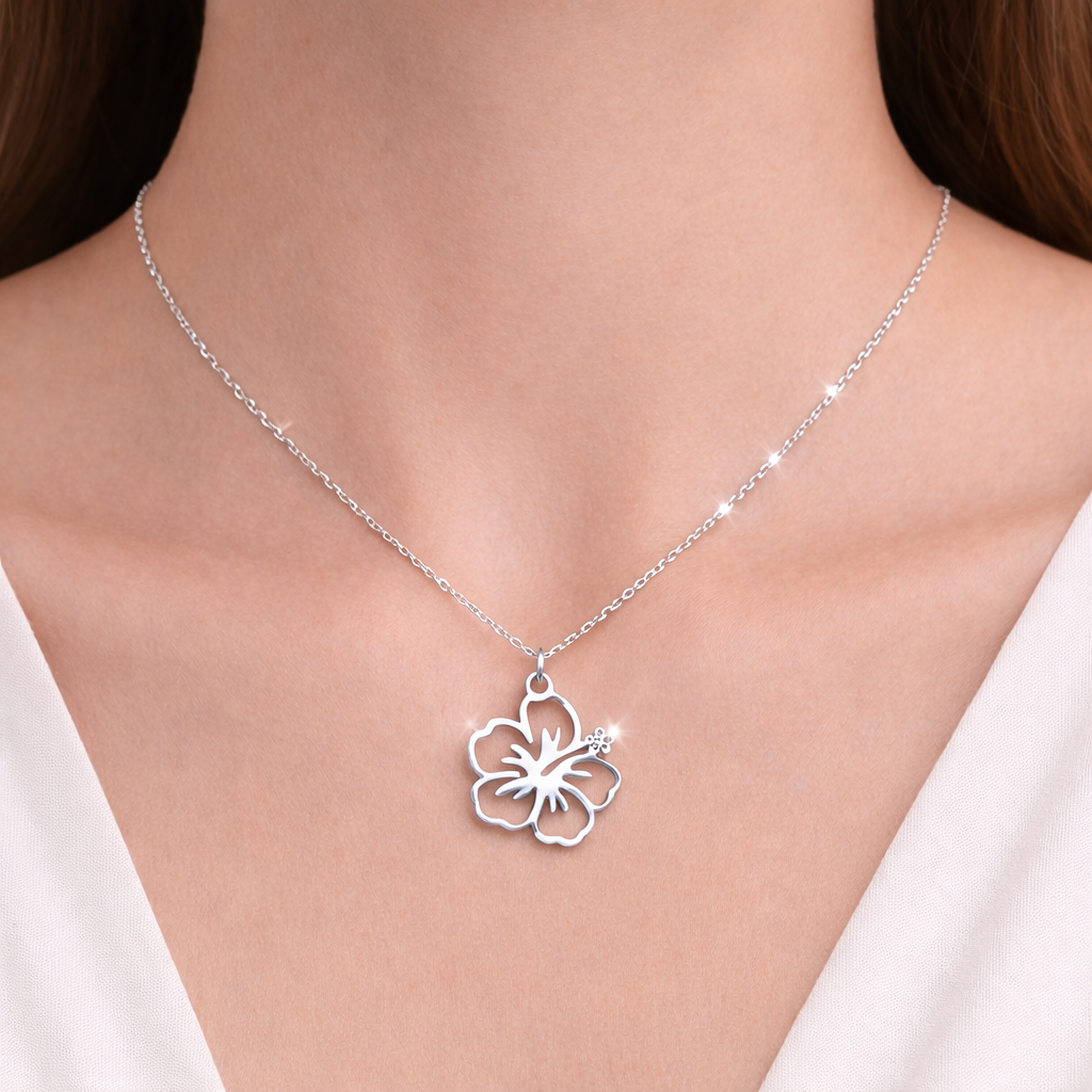 Hibiscus Flower Pendant Necklace – Silver Plated