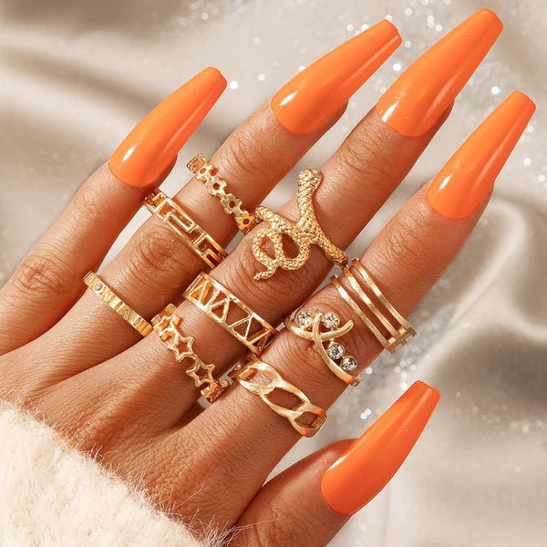 Gold Plated Snake Inspired Stackable Ring Set of 9