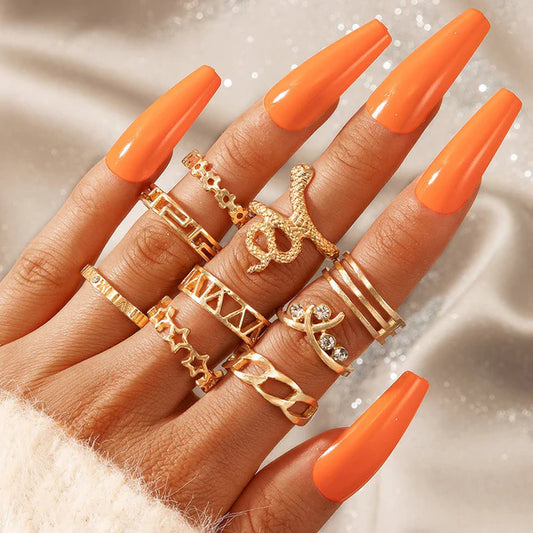 Gold Plated Snake Inspired Stackable Ring Set of 9