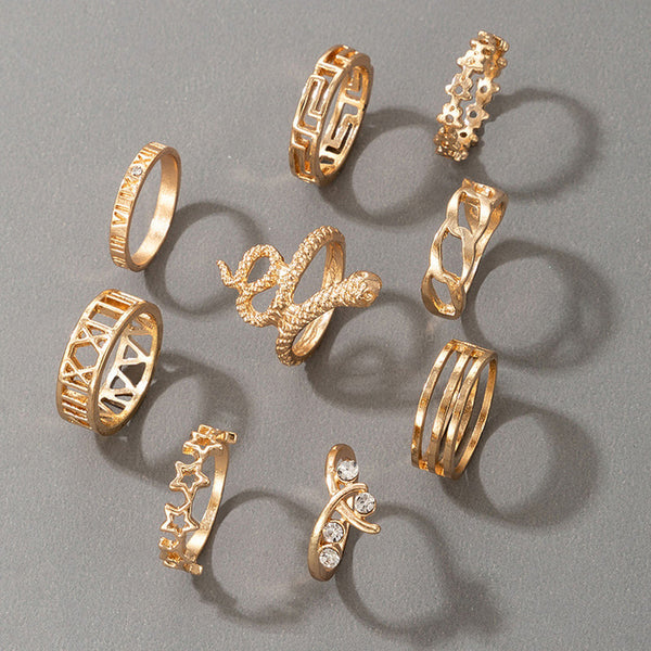 Gold Plated Snake Inspired Stackable Ring Set of 9