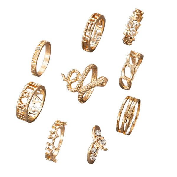 Gold Plated Snake Inspired Stackable Ring Set of 9