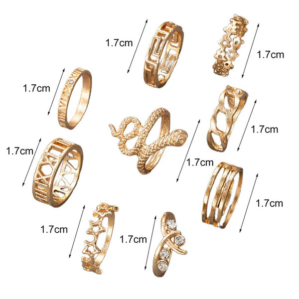 Gold Plated Snake Inspired Stackable Ring Set of 9