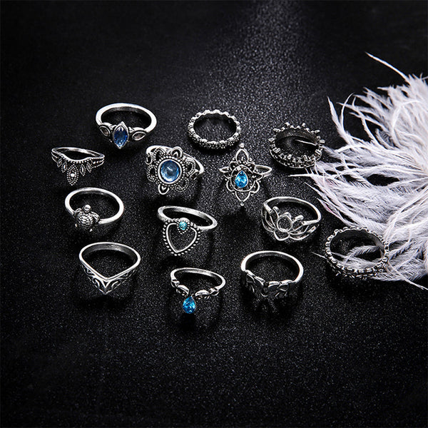 Silver Plated Floral Ring Set of 13 for Women