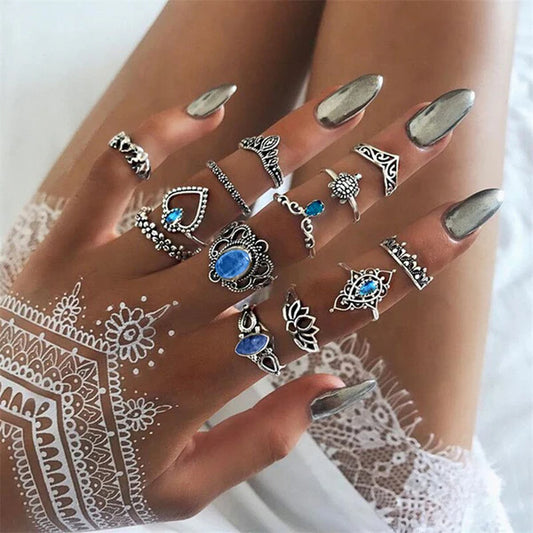 Silver Plated Floral Ring Set of 13 for Women