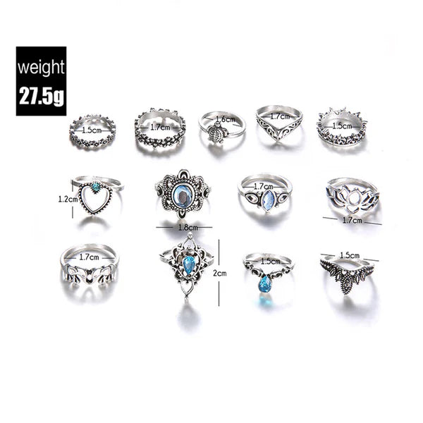 Silver Plated Floral Ring Set of 13 for Women
