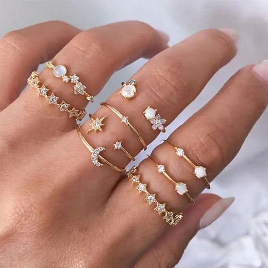 Gold Plated Moon & Star Ring Set of 9 for Women