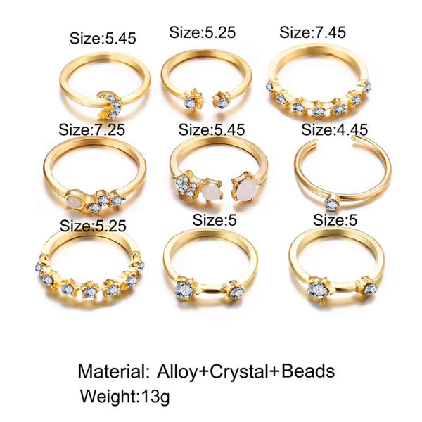 Gold Plated Moon & Star Ring Set of 9 for Women