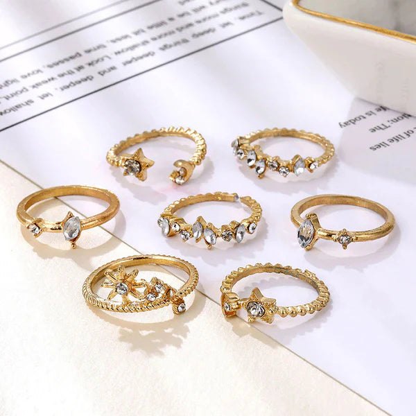 Gold Plated Moon & Star Ring Set of 7 for Women