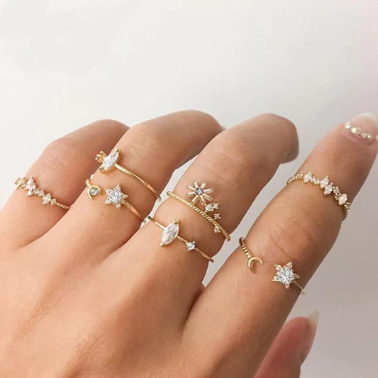 Gold Plated Moon & Star Ring Set of 7 for Women