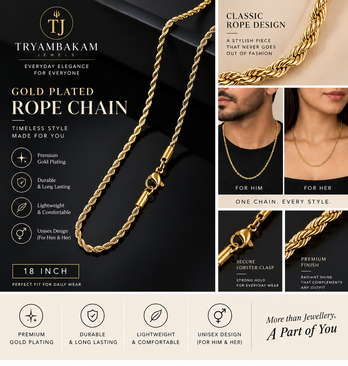 Gold Plated Rope Chain Necklace – 18 Inch